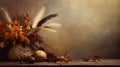 thanksgiving still life with autumn leaves on wooden background