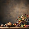 thanksgiving still life with fruit and flowers on a wooden table