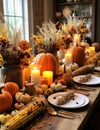 a thanksgiving table decorated with pumpkins and candles