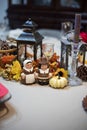 Thanksgiving Table Display Candles Pilgrims Lanterns Royalty Free Stock Photo