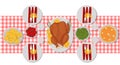 Thanksgiving table festive turkey dinner. Top view served table. Vector illustration, eps 10