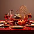 a thanksgiving table with a pumpkin and wine glasses