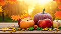 A Thanksgiving Table with Pumpkins, Apples, Pears, and Autumn Foliage.