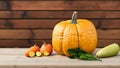 A Thanksgiving Table with Pumpkins, Pears, and Vegetables.