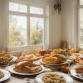 Thanksgiving table with roasted turkey, pumpkin and many othes different food meals