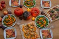 Thanksgiving table served, decorated with bright autumn leaves Royalty Free Stock Photo