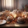 a thanksgiving table set with pumpkins and candles Royalty Free Stock Photo
