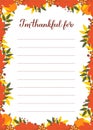 Thanksgiving Thankful List, I`m Thankful for calligraphy hand lettering in autumn fall Leaves frame. Gratitude Card. Thanksgiving