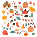 Thanksgiving theme set of items and symbols autumn. Colorful, bright vector handmade . All objects are separated. Vector