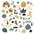 Thanksgiving theme set of items and symbols autumn. Colorful, bright vector handmade . All objects are separated. Vector