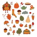 Thanksgiving theme set of items and symbols autumn. Colorful, bright vector handmade . All objects are separated. Vector