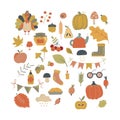 Thanksgiving theme set of items and symbols autumn. Colorful, bright vector handmade . All objects are separated. Vector