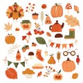 Thanksgiving theme set of items and symbols autumn. Colorful, bright vector handmade . All objects are separated. Vector