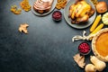 Thanksgiving traditional food for festive charity or family and friends dinner party, top-down view Royalty Free Stock Photo