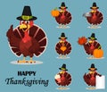 Thanksgiving turkey bird wearing a Pilgrim hat and holding different things. Royalty Free Stock Photo