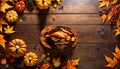 Thanksgiving turkey feast pumpkin copy space wooden wall Royalty Free Stock Photo