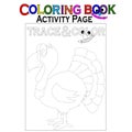 Trace and Color. Thanksgiving themed coloring book activity page. Turkey activity sheet. Black white version.