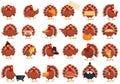 Thanksgiving turkey icons set, cartoon style