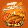 Thanksgiving Turkey on platter with garnish and orange pumpkin,