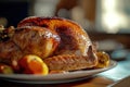 Thanksgiving turkey sereved on a kitchen table. Closeup shot. Ai generative Royalty Free Stock Photo