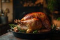 Thanksgiving turkey sereved on a kitchen table. Closeup shot. Ai generative Royalty Free Stock Photo