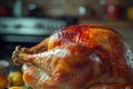Thanksgiving turkey sereved on a kitchen table. Closeup shot. Ai generative Royalty Free Stock Photo