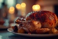 Thanksgiving turkey sereved on a kitchen table. Closeup shot. Ai generative Royalty Free Stock Photo