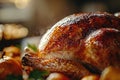 Thanksgiving turkey sereved on a kitchen table. Closeup shot. Ai generative Royalty Free Stock Photo
