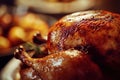 Thanksgiving turkey sereved on a kitchen table. Closeup shot. Ai generative Royalty Free Stock Photo