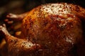 Thanksgiving turkey sereved on a kitchen table. Closeup shot. Ai generative Royalty Free Stock Photo