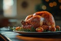 Thanksgiving turkey sereved on a kitchen table. Closeup shot. Ai generative Royalty Free Stock Photo
