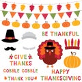 Thanksgiving turkey, photo booth props and decoration set, text in hand lettered font Royalty Free Stock Photo