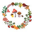 Thanksgiving watercolor illustration. Wreath, garland, circle of autumn flowers, herbs and leaves Royalty Free Stock Photo