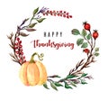 Thanksgiving watercolor illustration. Wreath, garland, circle of autumn flowers, herbs and leaves Royalty Free Stock Photo