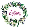 Thanksgiving watercolor illustration. Wreath, garland, circle of autumn flowers, herbs and leaves Royalty Free Stock Photo