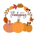 Thanksgiving wreath with autumn leaves and pumpkins in simple hand drawn flat style. Cute seson isolated vector greeting card. Royalty Free Stock Photo