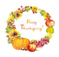 Thanksgiving wreath. Fruits, vegetables - pumpkin, apples, grape, leaves. Watercolor Royalty Free Stock Photo