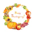 Thanksgiving wreath. Fruits, vegetables - pumpkin, apples, grape, leaves. Watercolor Royalty Free Stock Photo