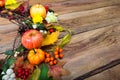 Thanksgiving wreath with pumpkin, apples, barberry, rowan, copy Royalty Free Stock Photo