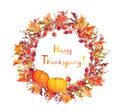 Thanksgiving wreath - pumpkins, berries, autumn leaves. Watercolor round border Royalty Free Stock Photo