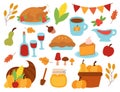 Thanksgiving day elements set. Turkey, pie, cornucopia, corn, wine, candles, garland, honey. Basket pumpkins. Happy Thanksgiving d Royalty Free Stock Photo