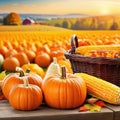 Thansgiving Erntedank agriculture harvest banner Pumpkins and corn on the cob in a basket with defocused landscape field in