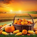 Thansgiving Erntedank agriculture harvest banner Pumpkins and corn on the cob in a basket with defocused landscape field in