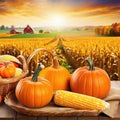 Thansgiving Erntedank agriculture harvest banner Pumpkins and corn on the cob in a basket with defocused landscape field in