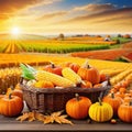 Thansgiving Erntedank agriculture harvest banner Pumpkins and corn on the cob in a basket with defocused landscape field in
