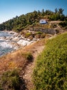 Thasos island cliffs and small church near the Thasos Acropolis and island main city Limenas