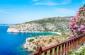 Thassos beautifull coastline seen from a balcony - white sand, exotic flowers and turquoise water