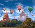 Colorful hot air balloons flying over Bagan, Myanmar