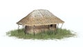 Thatch hut in grass - on white background