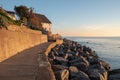 Thatched cottage and new sea defences at Runswick Bay near Whitby Royalty Free Stock Photo